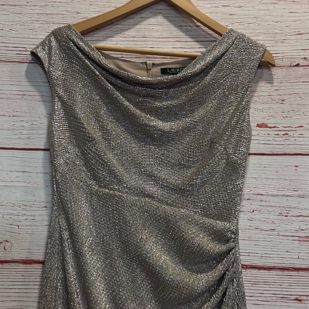 NWT Lauren Ralph Lauren Metallic Cowl Neck Sheath Dress Sz 4 - Picture 5 of 14